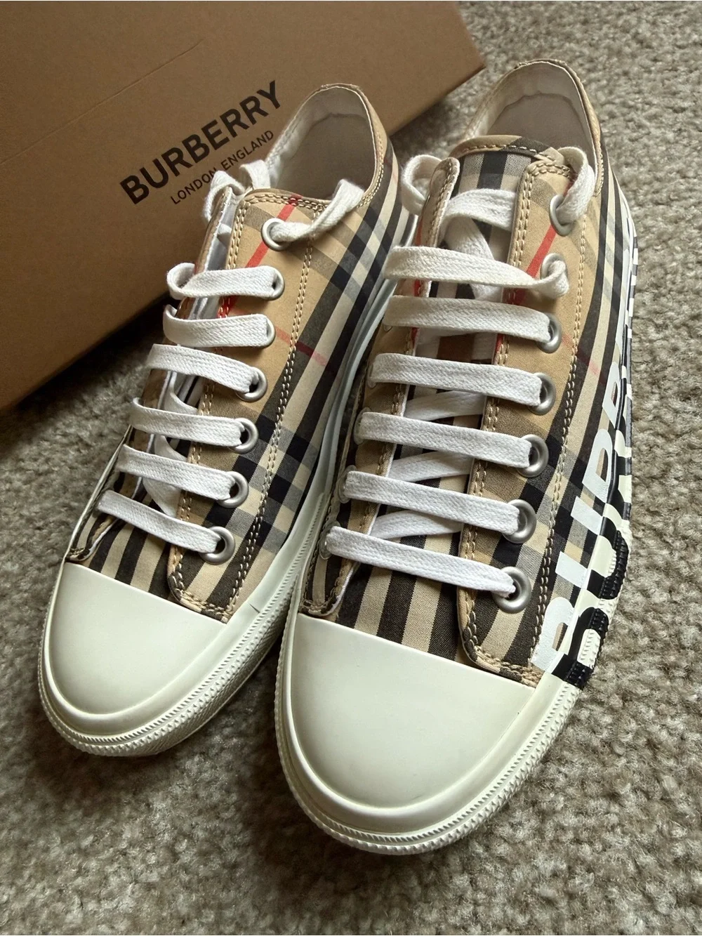Burberry Beige Check Low-Top Sneakers with White Laces and Black Logo